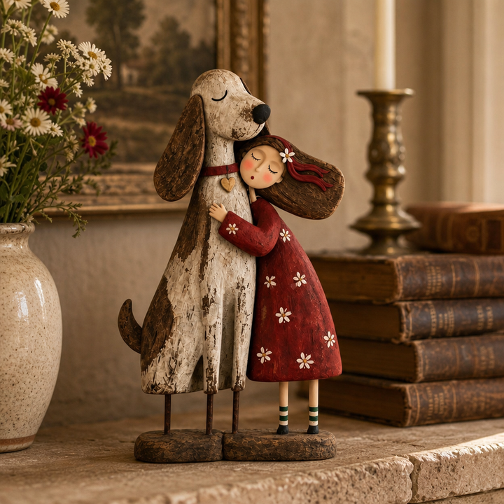 Wearbella – Distressed Resin Girl Hugging Pet Figurine