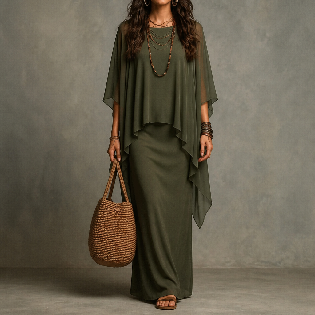 Draperie – Cape Sleeve Asymmetric Hem Maxi Dress