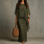 Draperie – Cape Sleeve Asymmetric Hem Maxi Dress