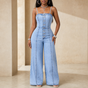 Wearbella – Wide Leg Spaghetti Strap Denim Jumpsuit
