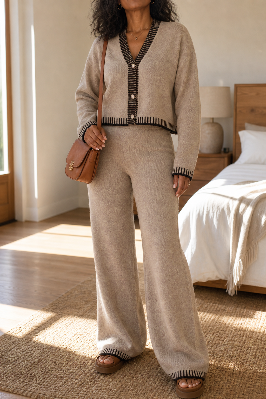 Linewear – Contrast Piping Knit Cardigan And Pants Set