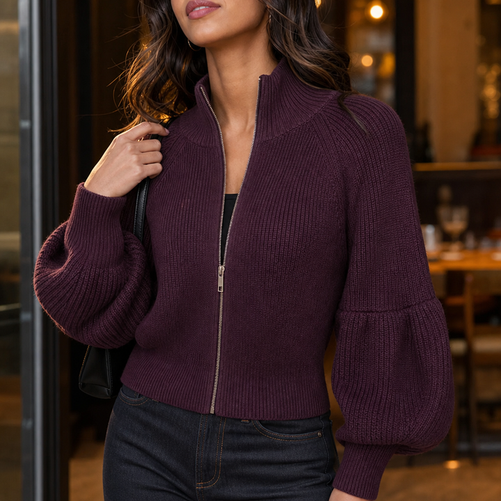 Lantera – Textured Lantern-Sleeve Zip-Up Knit Cardigan