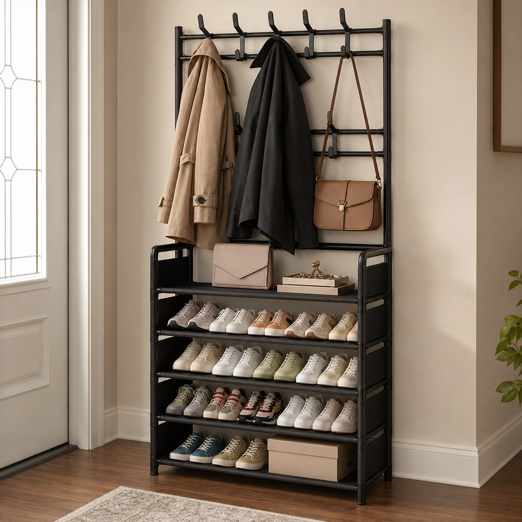 Haldrow – Tier Shoe Rack With Coat Hooks