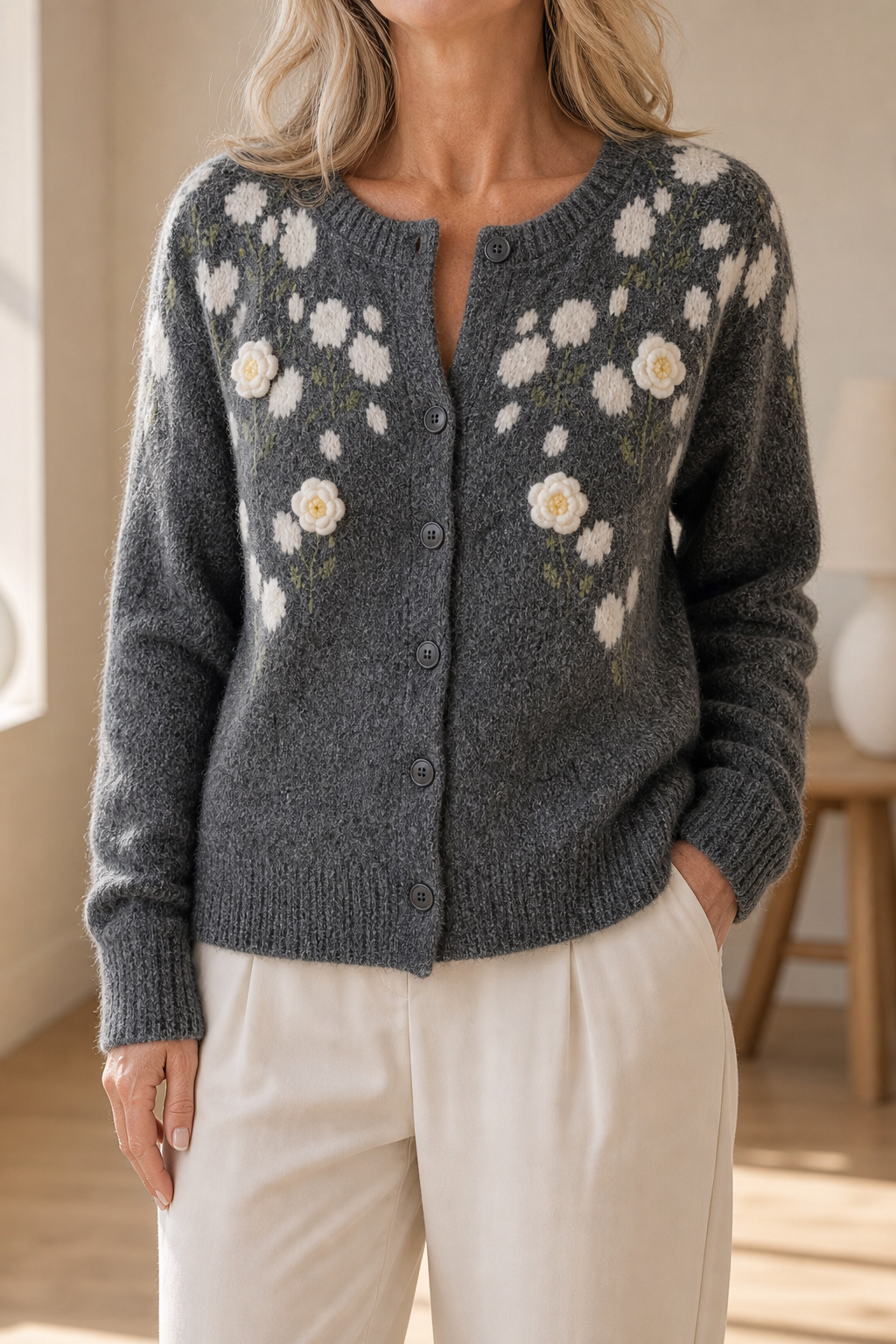 Meadowlin – Floral Knit Open-Front Cardigan