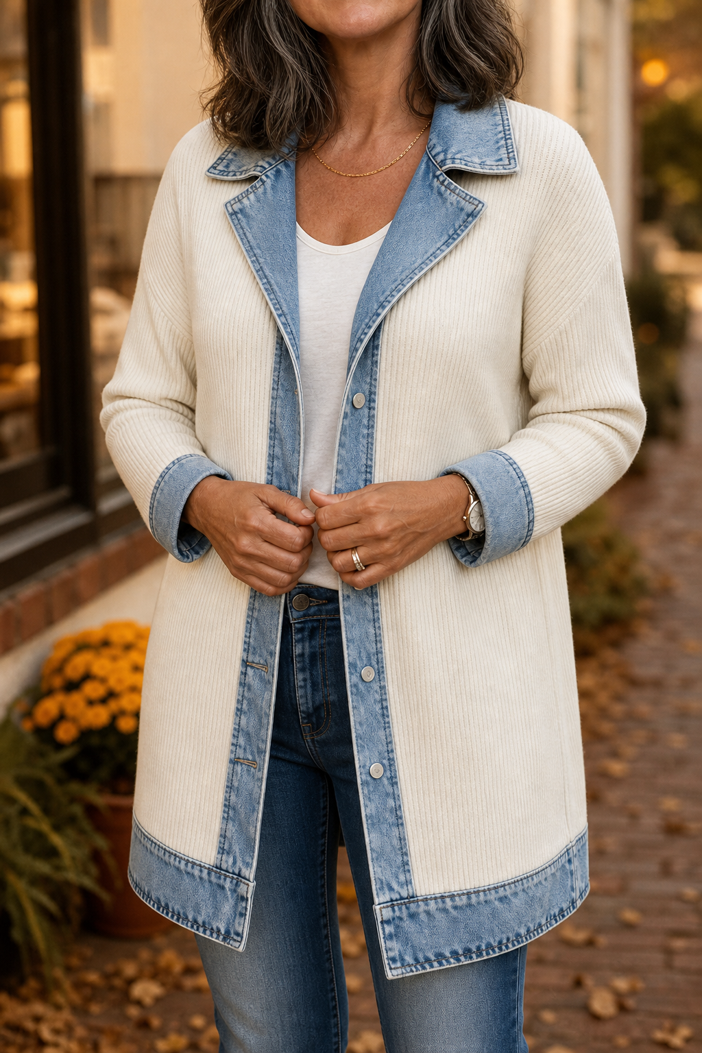 Wearbella – Denim-Look Spliced Ribbed Knit Coat