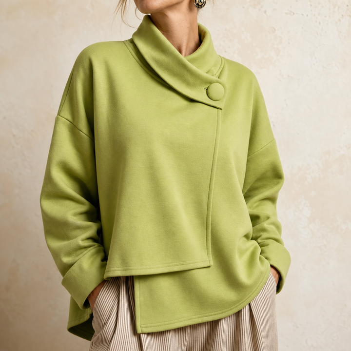 Draperly – Asymmetric Cowl Neck Button Sweatshirt