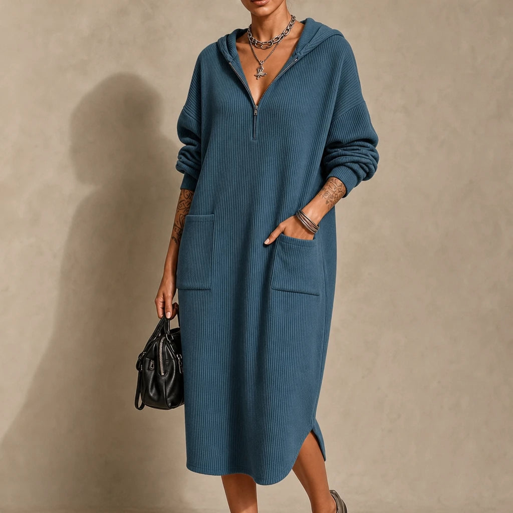 Everday – Hooded Zipper Pocket Midi Dress
