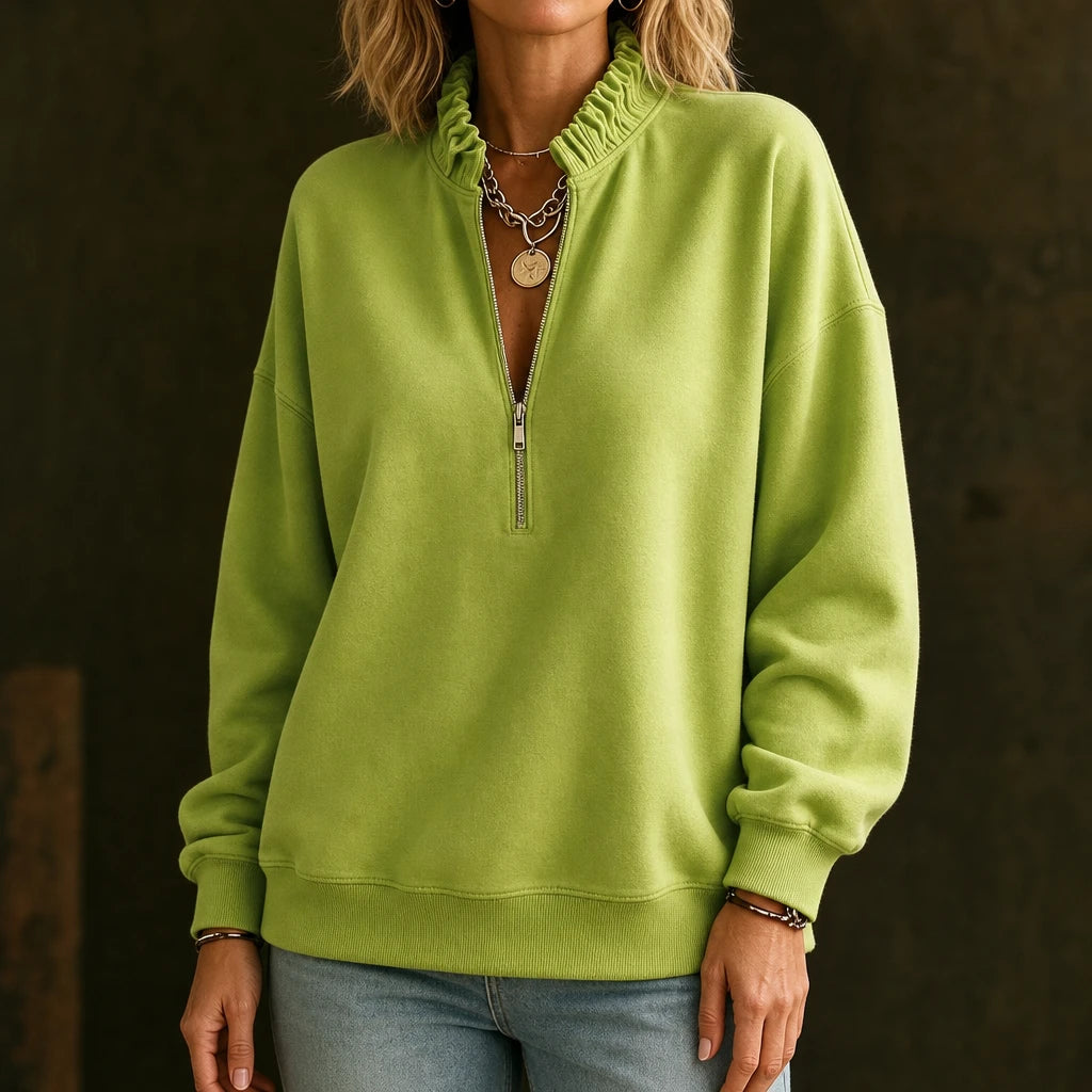 Ruffle & Rise – Ruffled Mock-Neck Quarter-Zip Sweatshirt
