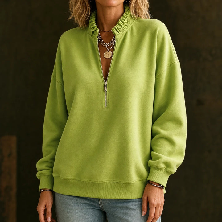 Ruffle & Rise – Ruffled Mock-Neck Quarter-Zip Sweatshirt