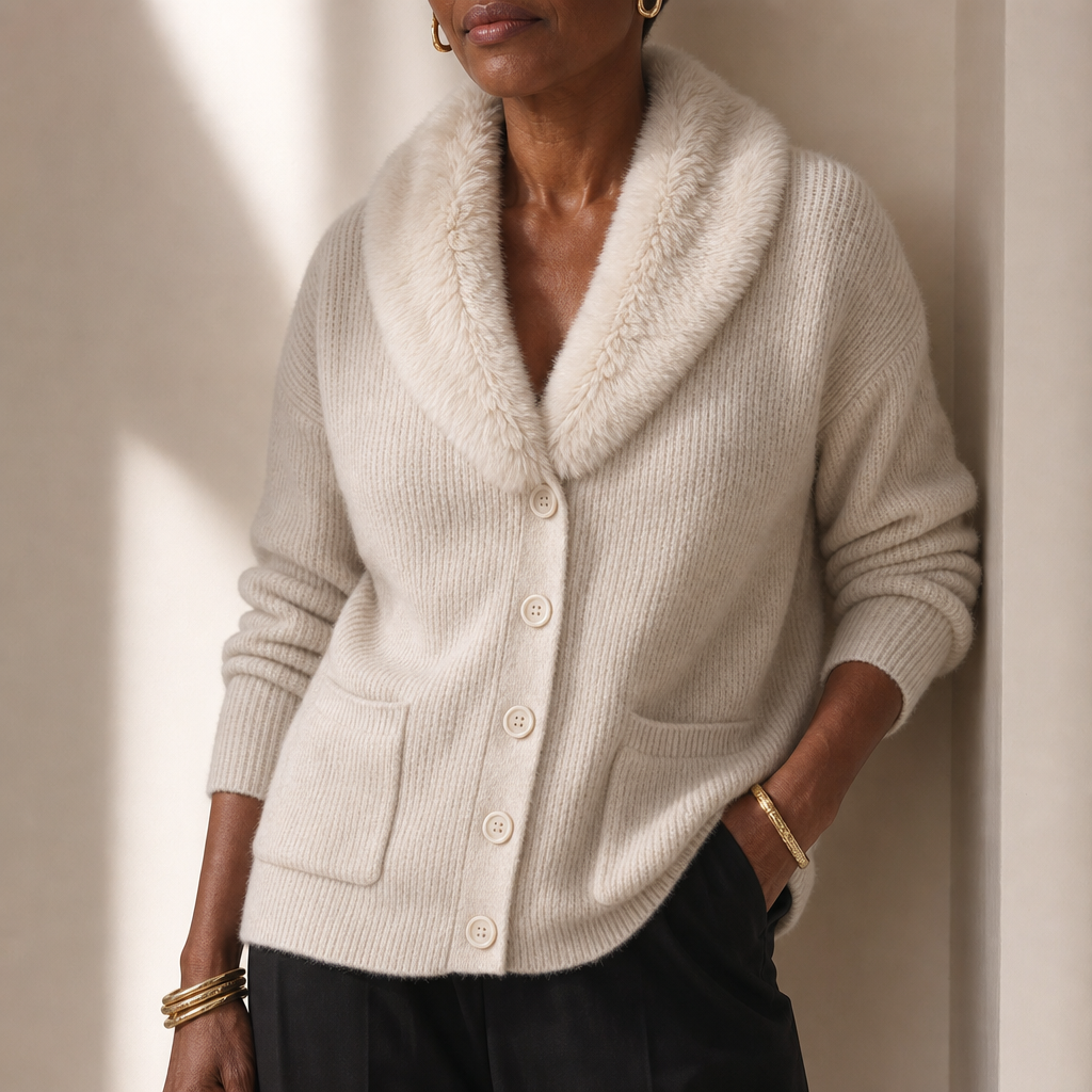 Shaguna – Shaggy Collar Ribbed Knit Cardigan