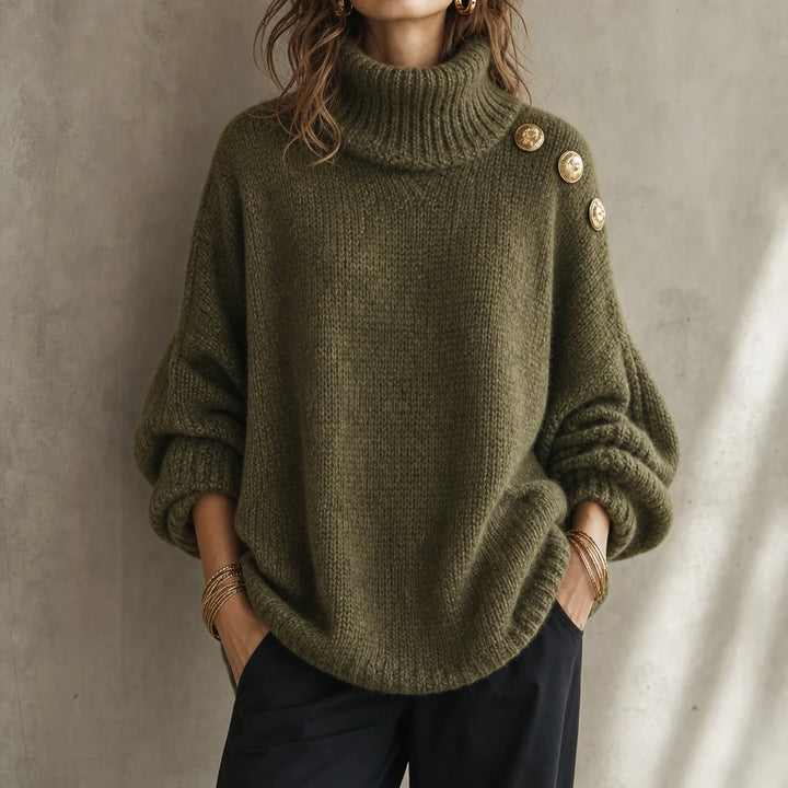 Aurelle – Gold Button Shoulder Knit Turtleneck Sweater