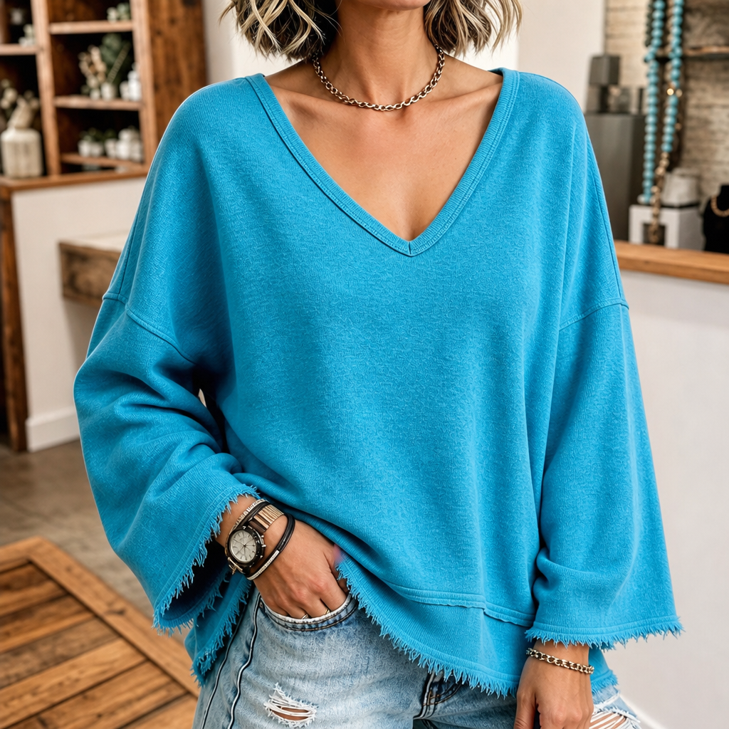 Wearbella – Raw-Hem Garment-Washed V-Neck Sweatshirt