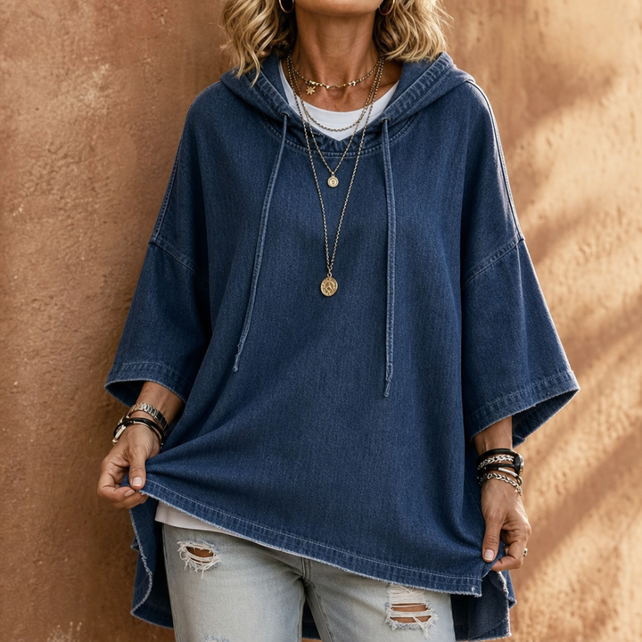 Wearlow – Oversized Washed Denim Look Hooded Poncho