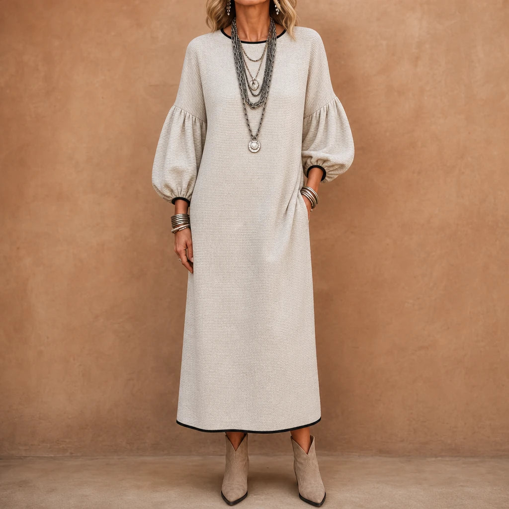 Vivelyn – Textured Knit Puff Sleeve Midi Dress