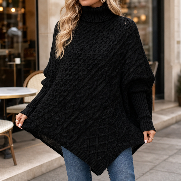 Cabelune – Cable-Knit Asymmetric Poncho Sweater