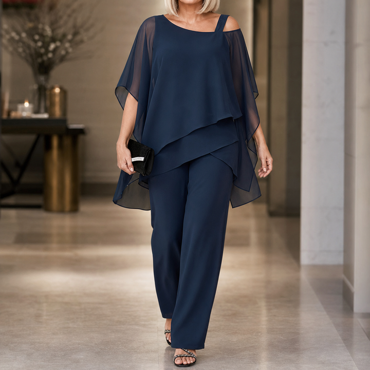 Elowen – Asymmetrical Chiffon Overlay Wide-Leg Pants Set