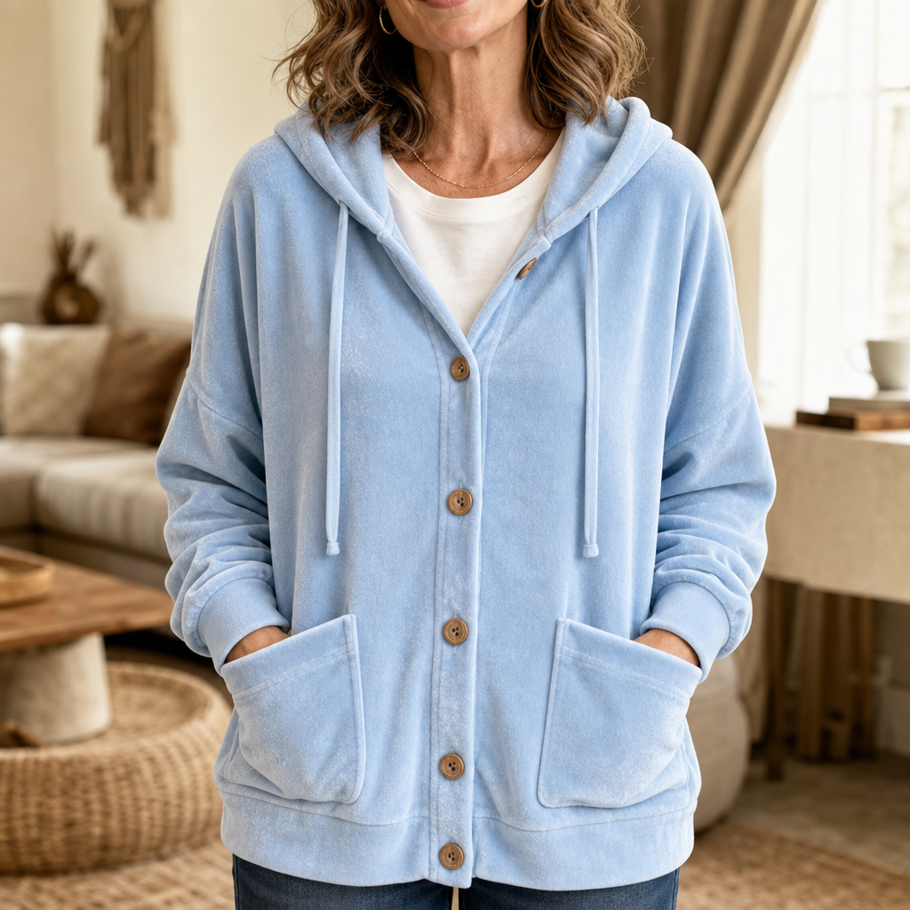 Coziva – Hooded Button-Front Velour Cardigan