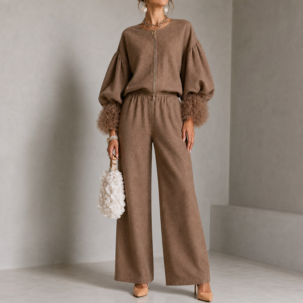 Wearlyn – Tulle-Cuff Balloon Sleeve Top And Pants Set