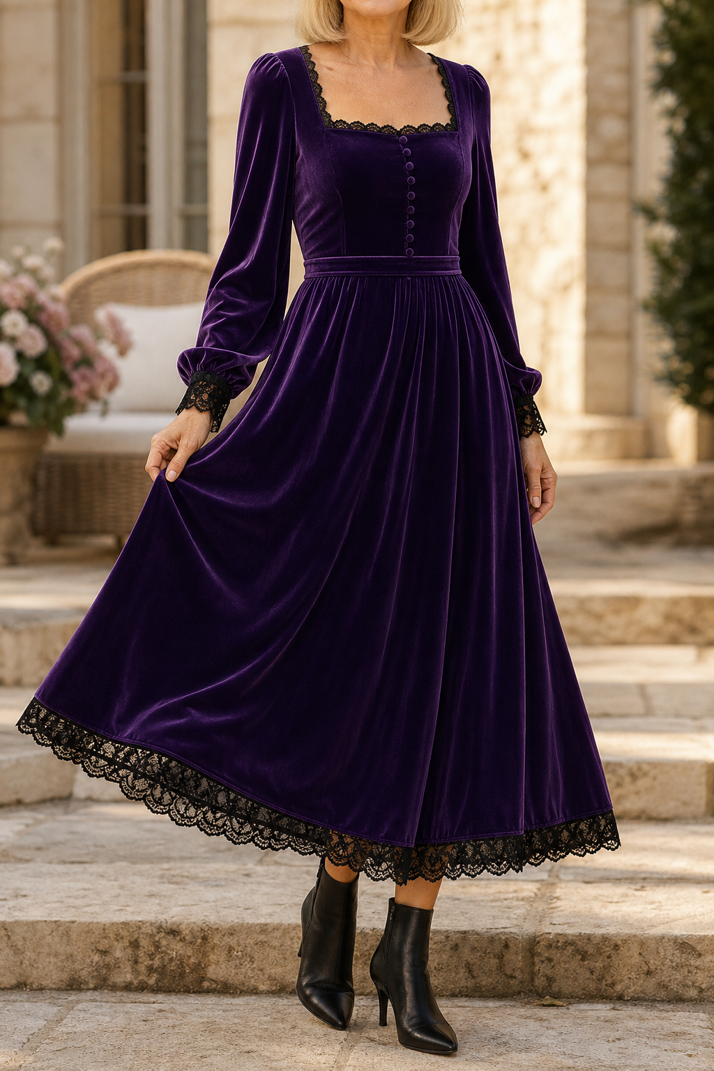 Velourette – Square Neck Fitted Waist Velvet Midi Dress
