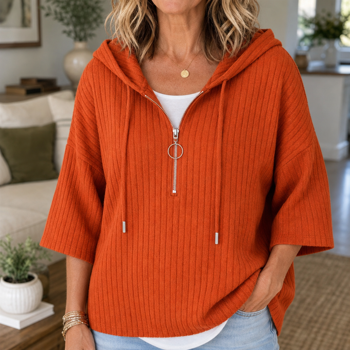 Ribella – Ribbed Half-Zip Hooded Knit Top