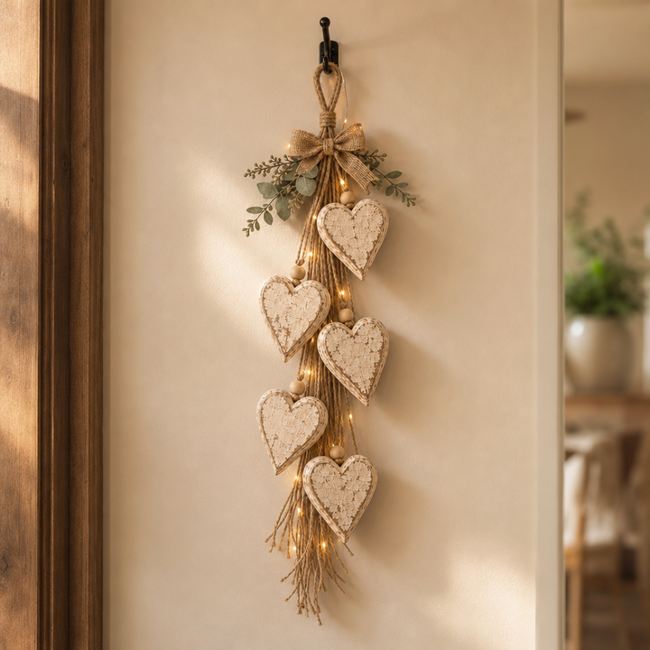 Hearth & Heart – Rustic Beaded Five-Heart Wall Hanging