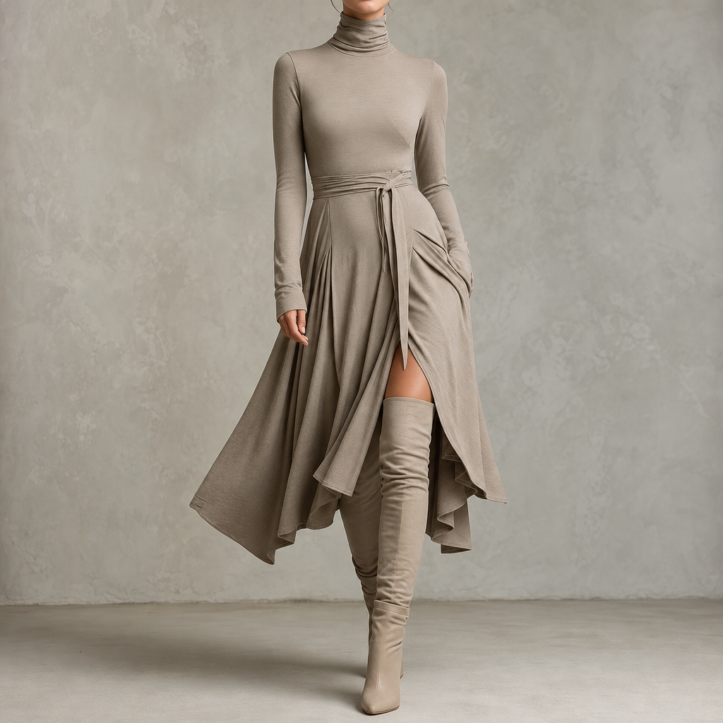Wearbella – Turtleneck Ribbed Knit Slit Midi Dress