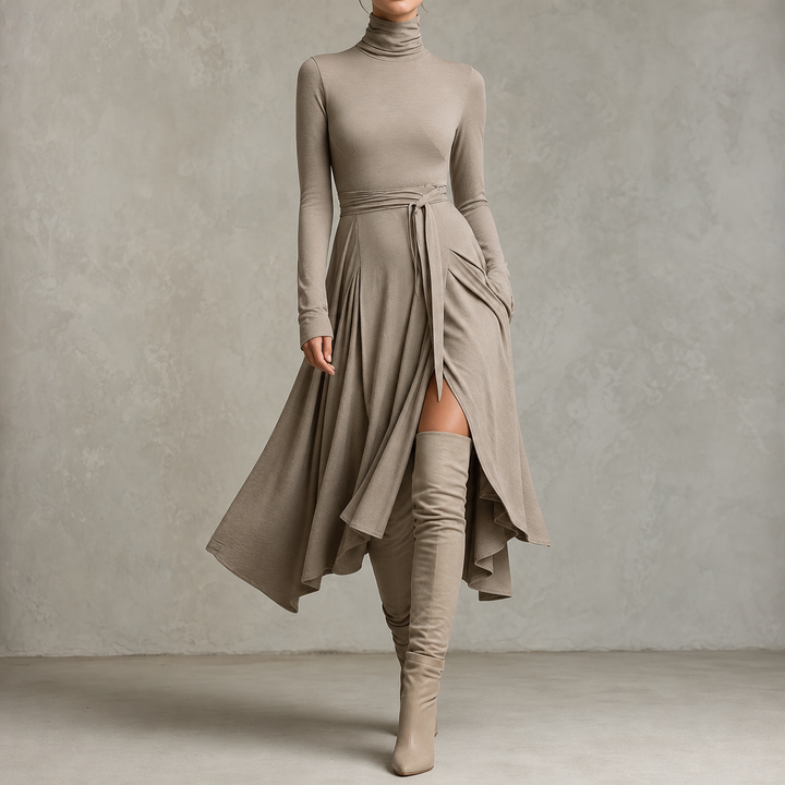 Wearbella – Turtleneck Ribbed Knit Slit Midi Dress