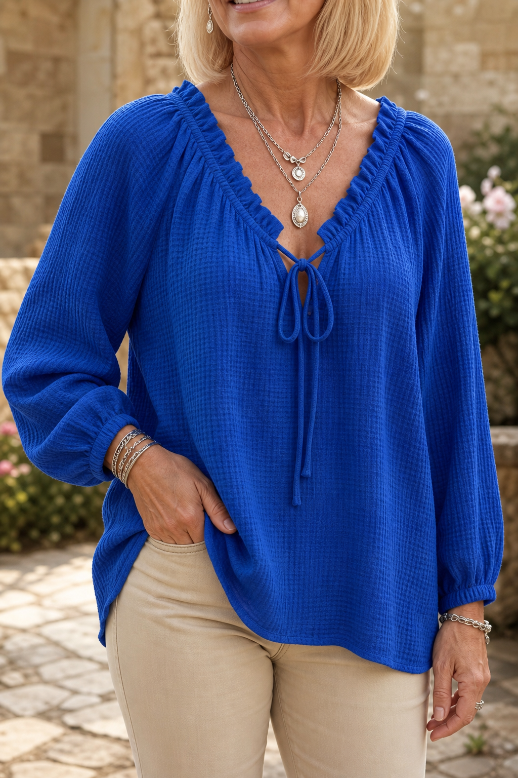 Softline – Loose-Fit Ruffle Tie-Collar Blouse