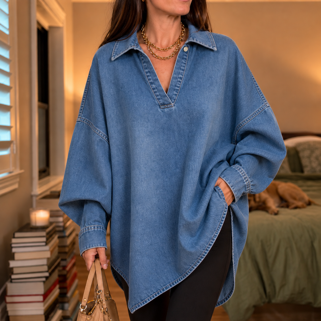 Denimelle – Soft-Washed Batwing Denim Tunic