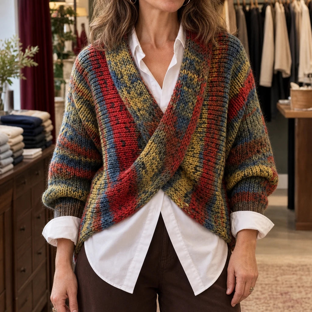 Wrapelle – Striped Wrap-Front Knit Pullover