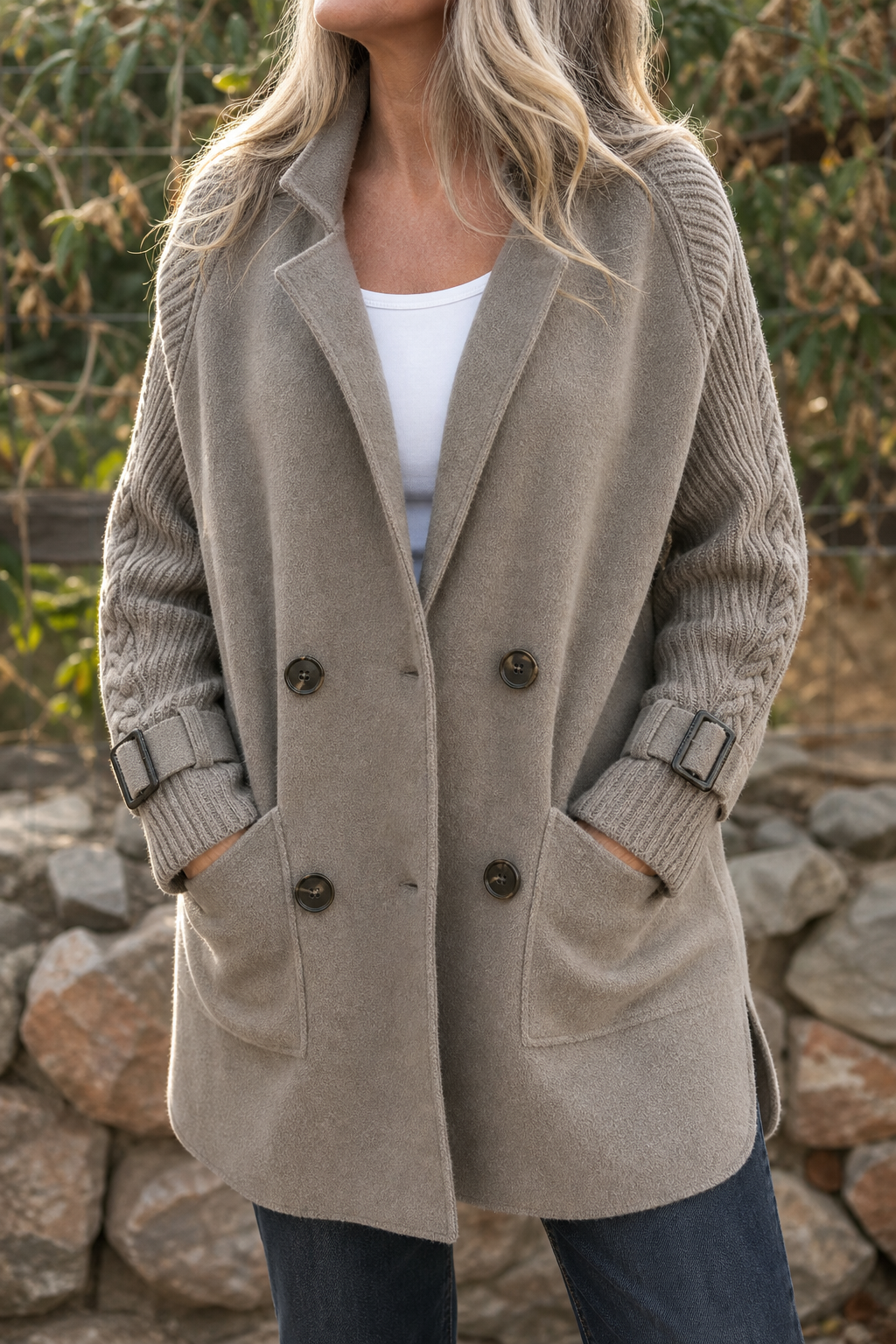 Isola – Cable-Knit Sleeve Double-Breasted Longline Coat