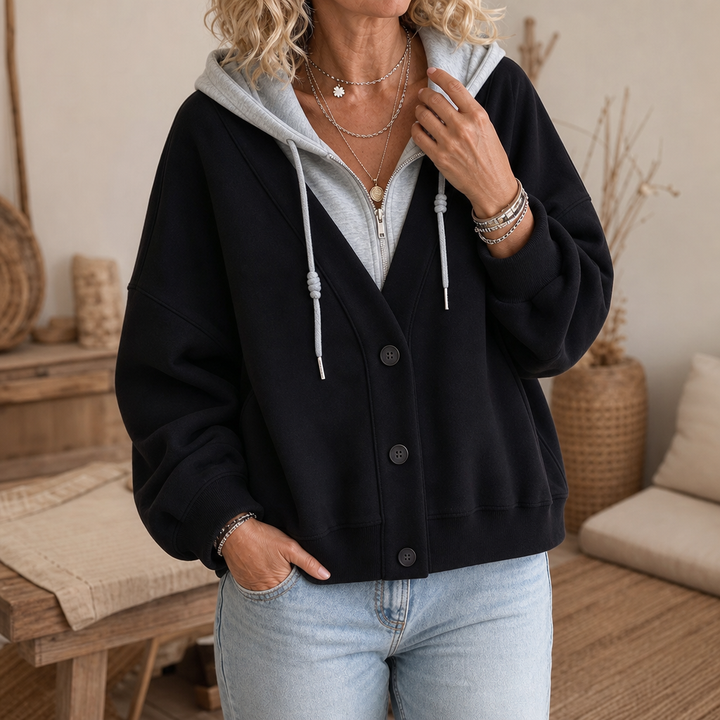 Layerelle – Color-Block Faux-Layer V-Neck Hoodie