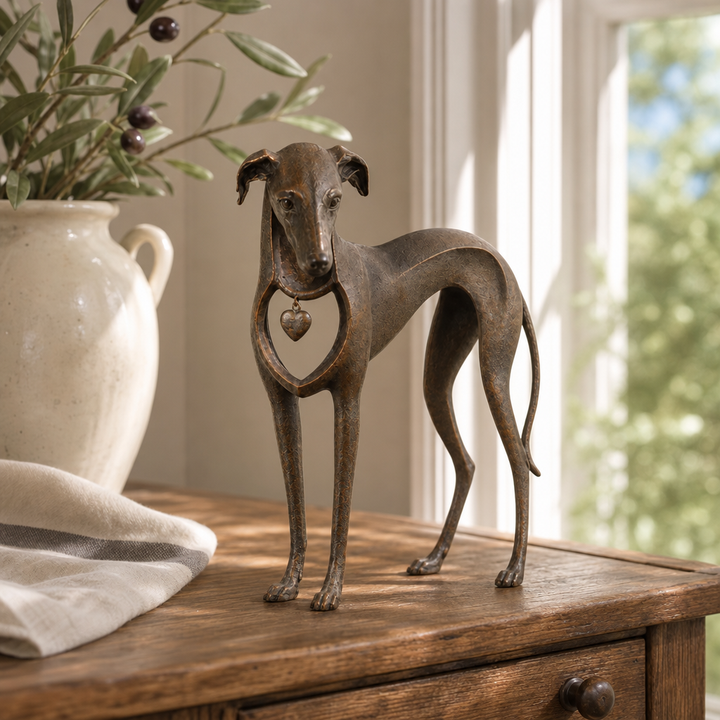 Hound & Heart – Aged Bronze Sighthound Sculpture With Hanging Heart