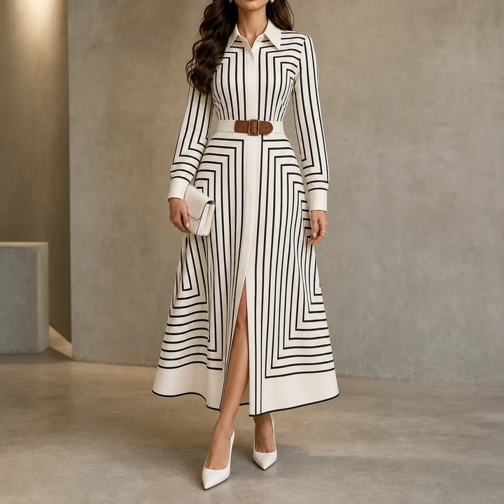 Linea Midi – Geometric Print Belted Shirt Dress