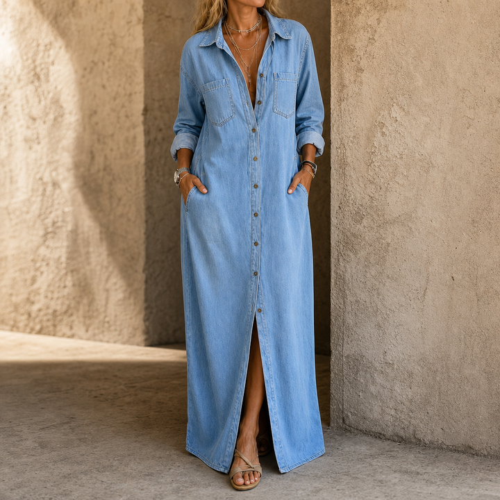 Mila – Denim Maxi Shirt Dress