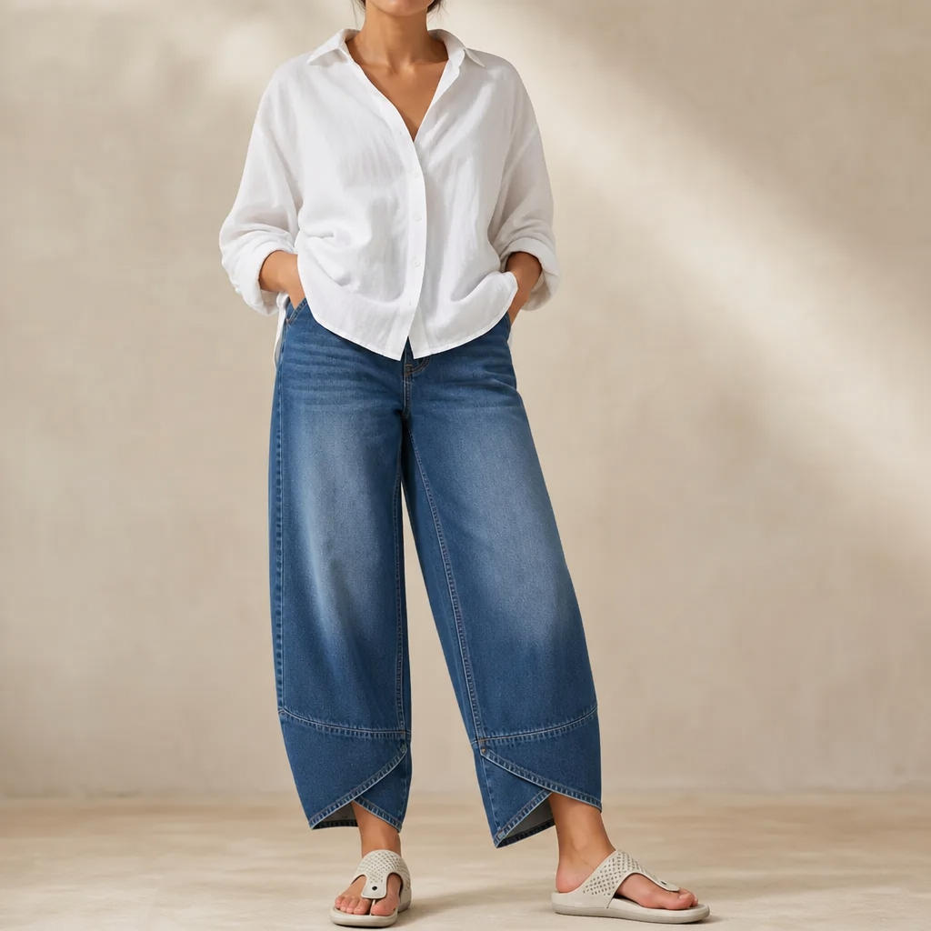 Verlace – Asymmetric Stepped-Hem Wide-Leg Jeans
