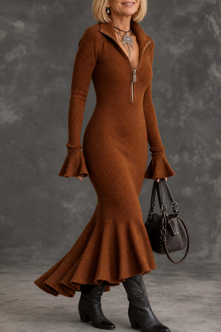 Fishtail Muse – Wide-Sleeve Fishtail Hem Evening Maxi Dress