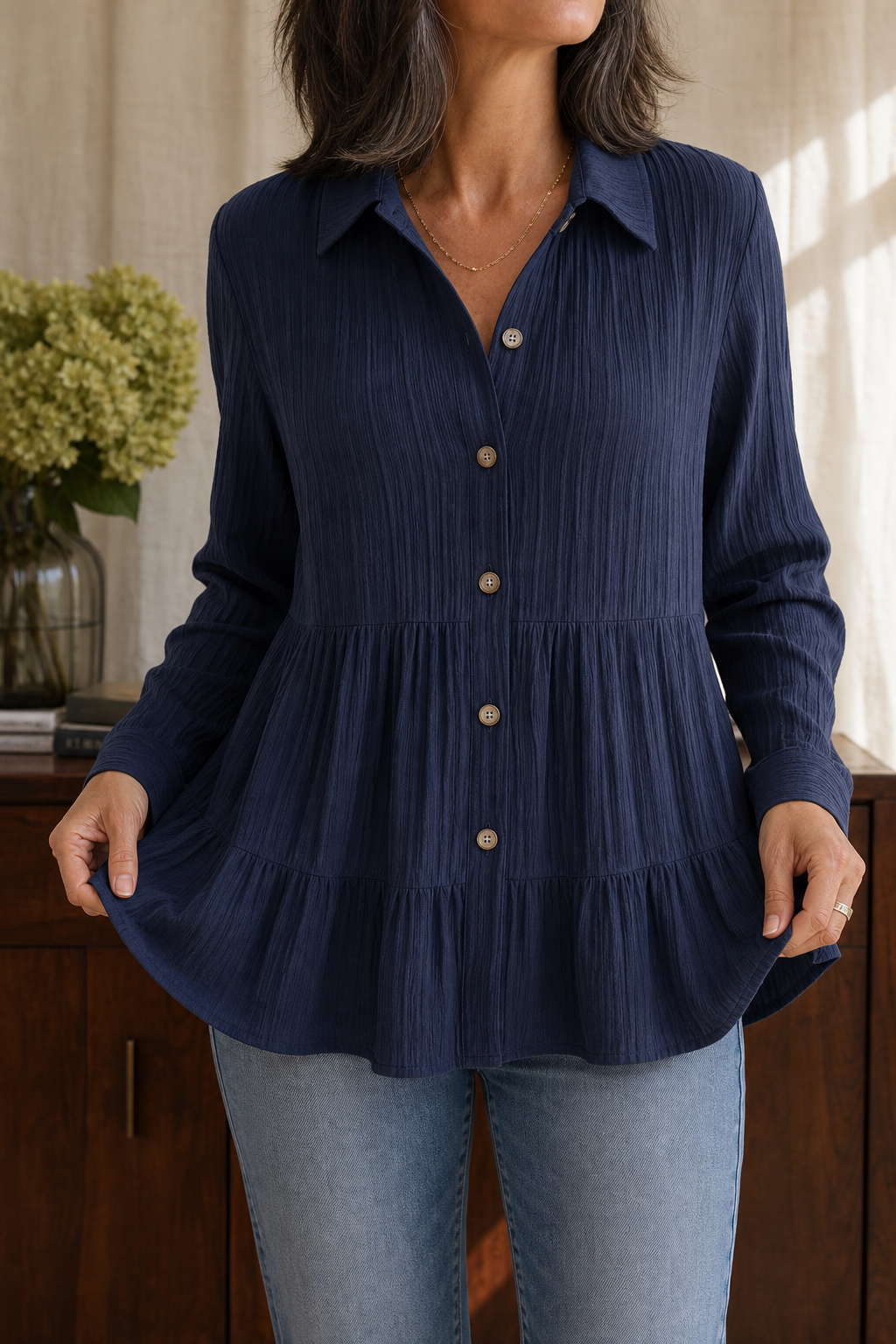 Fallwell – Crinkle Tiered Long Sleeve Tunic Top
