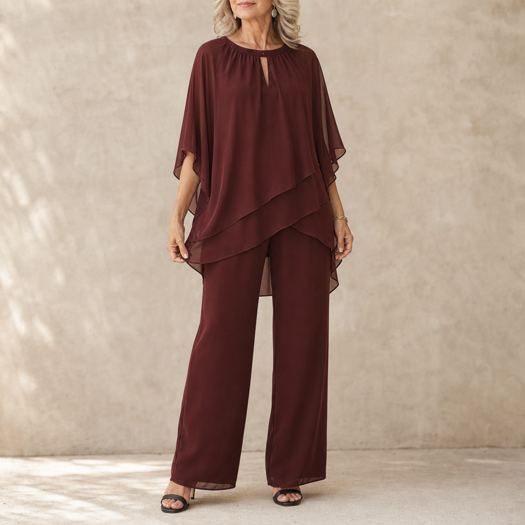 Draperie – Asymmetric Chiffon-Overlay Wide-Leg Trouser Set