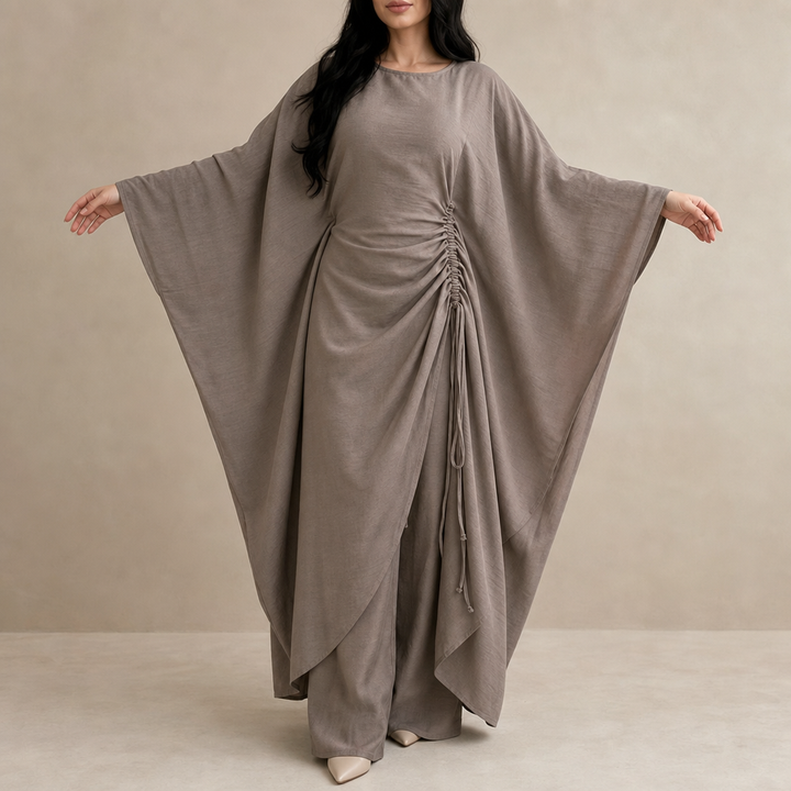 Cinchara – Ruched Waist Batwing Kaftan Two-Piece Set