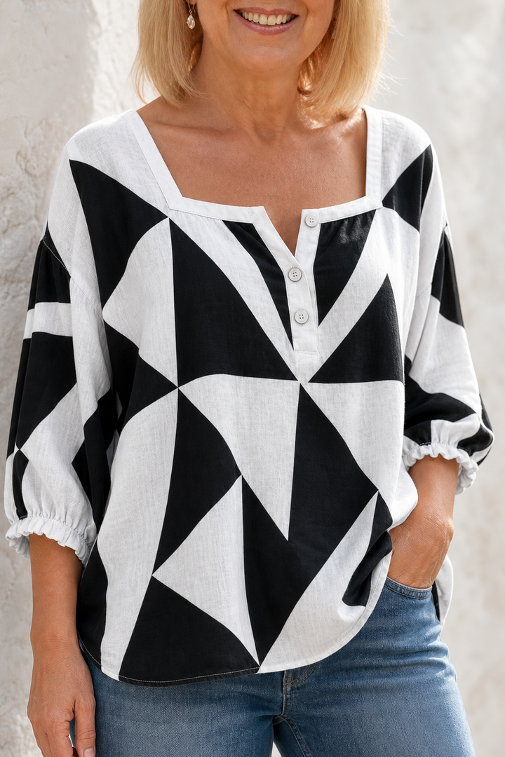 Wearlynn – Square Neck Geometric Print Blouse