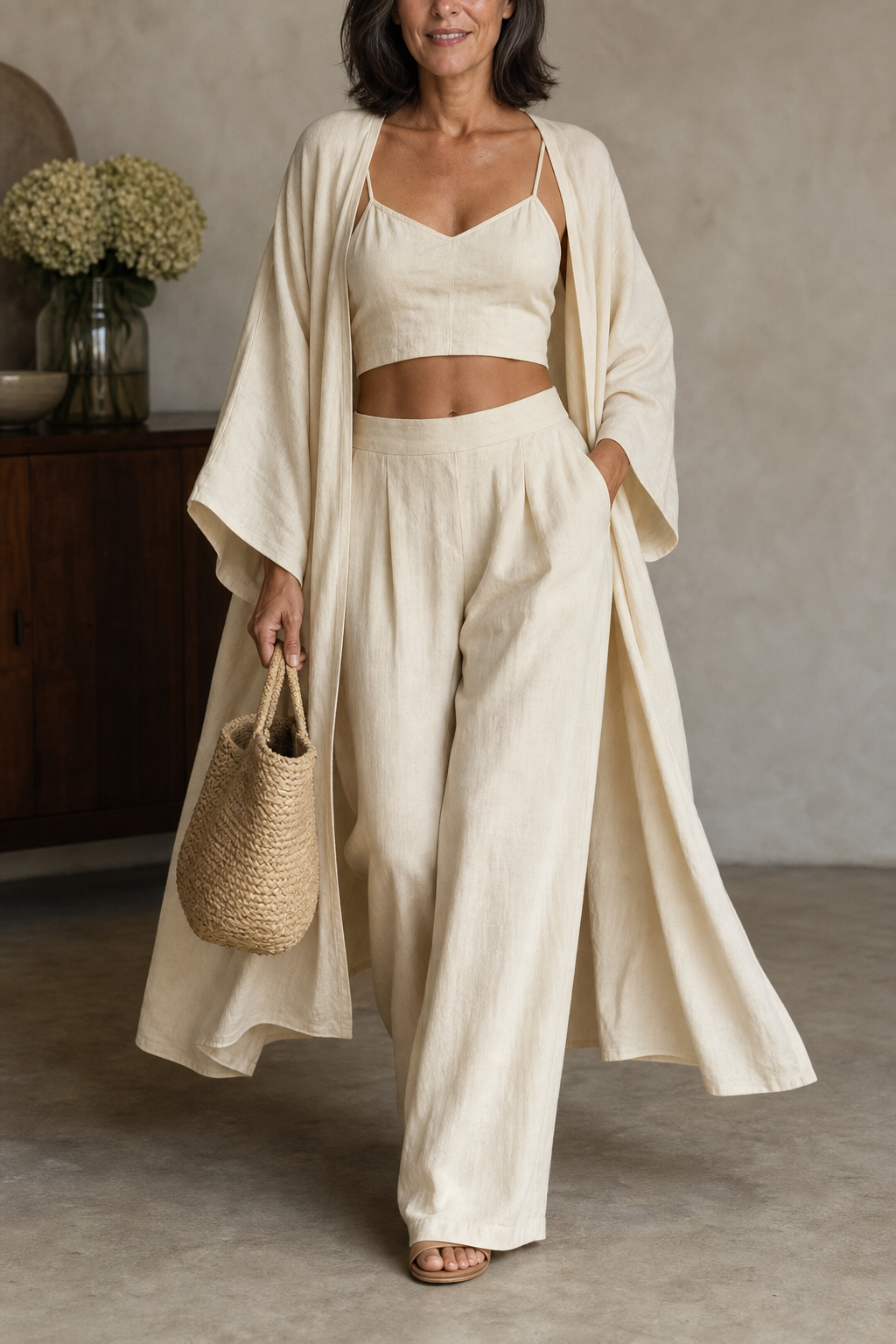 Mornday – Cotton-Linen Cardigan, Cami And Wide-Leg Pants Set