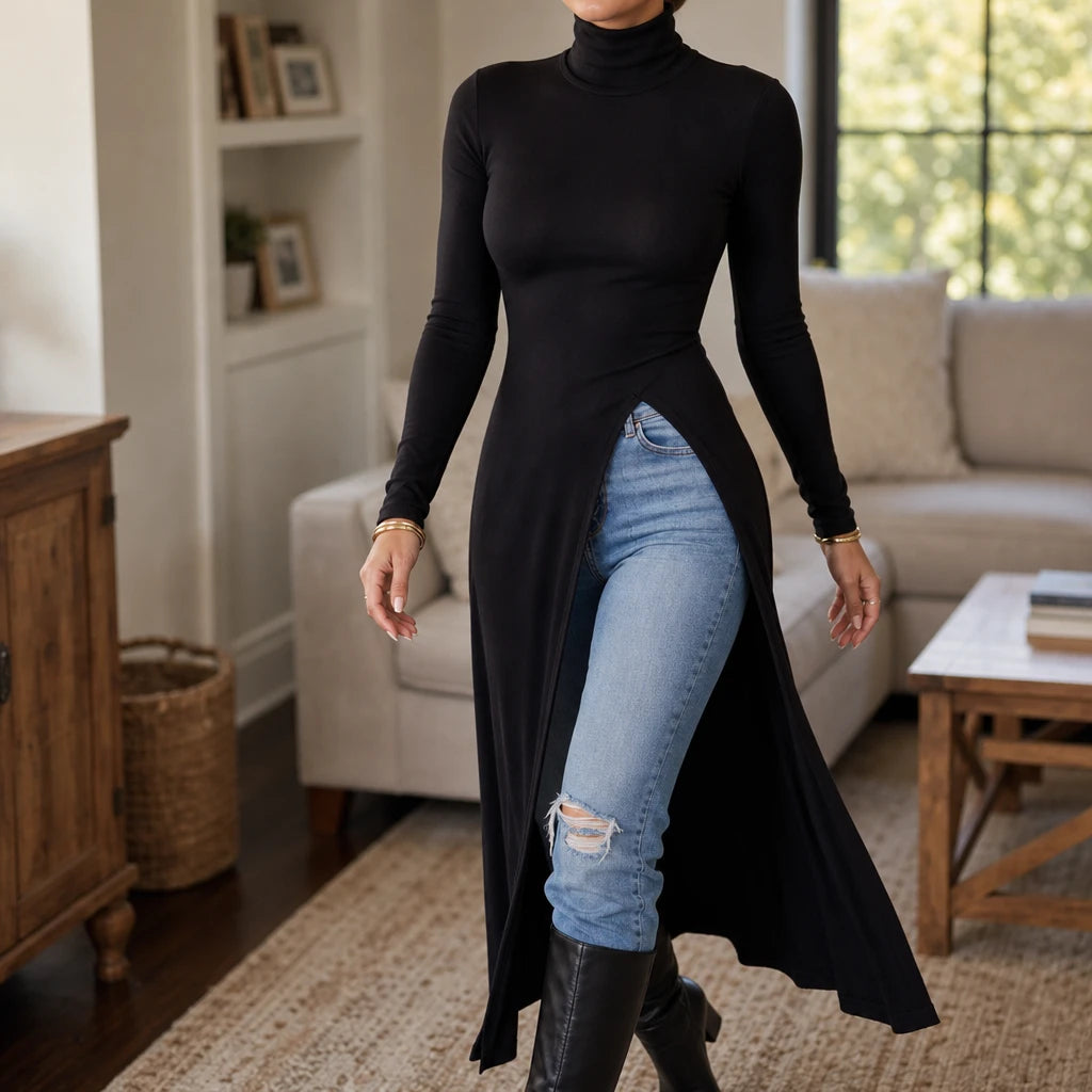 Slitwell – High-Slit Turtleneck Knit Tunic