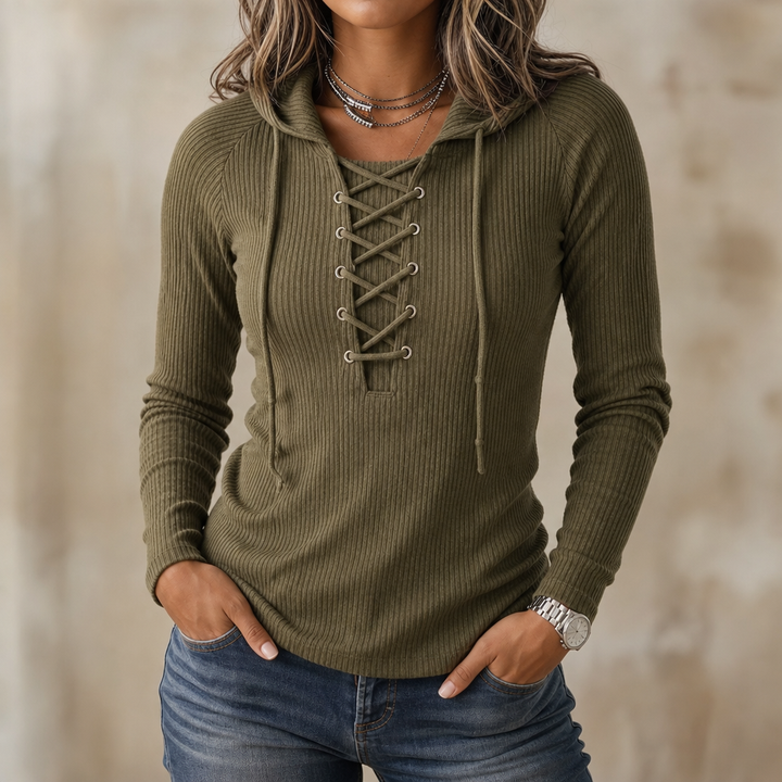 Lacevie – Ribbed Knit Lace-Up Front Hoodie, Long Sleeve Pullover For Women