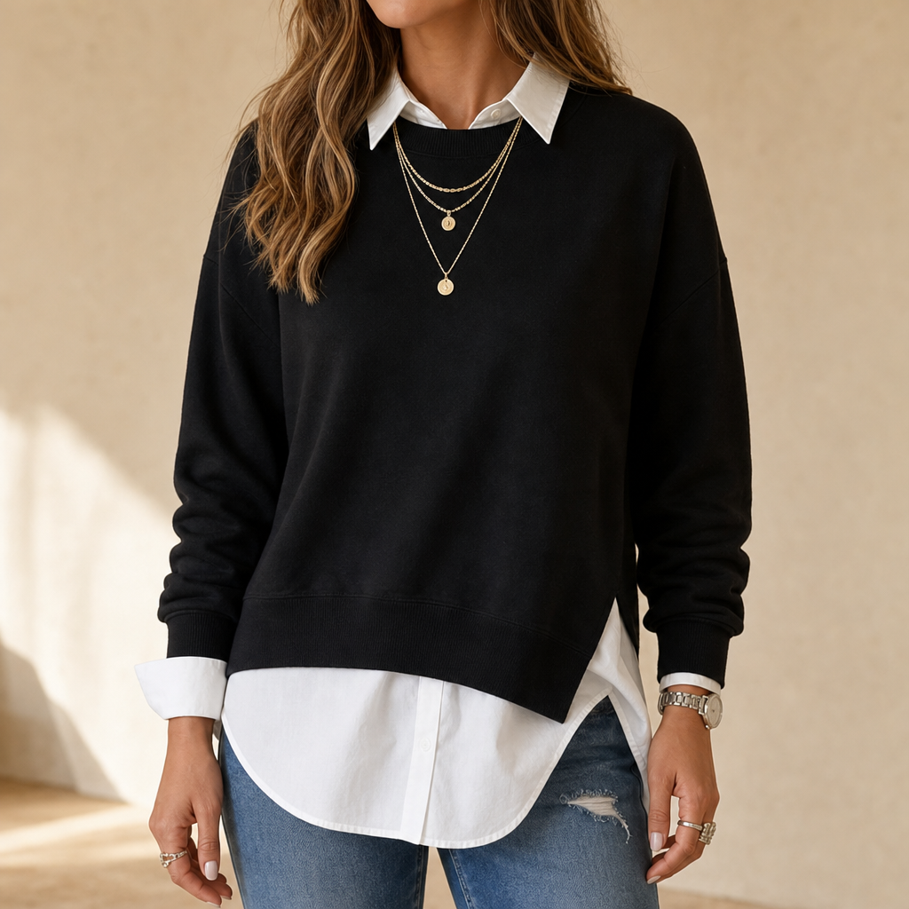 Averlyn – Layered Mock Shirt Collar Crewneck Sweatshirt