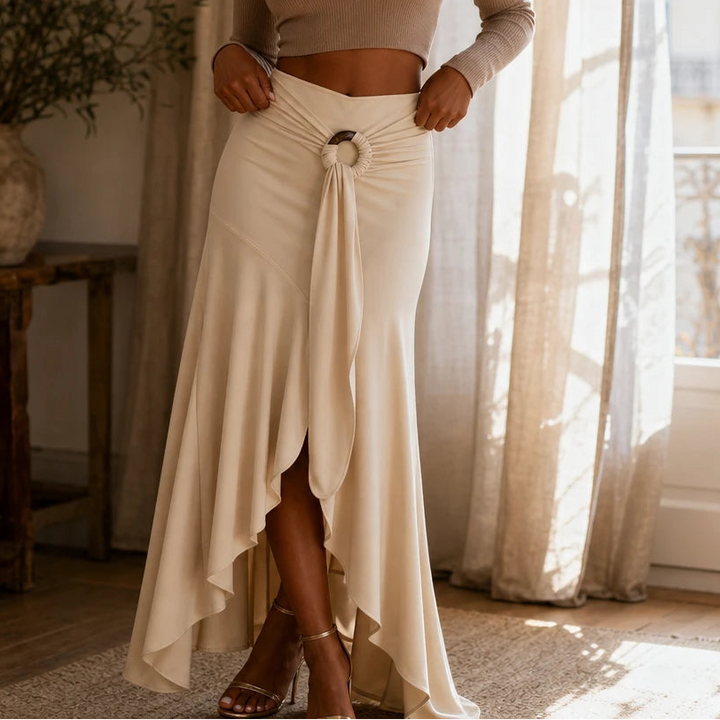Avelisse – O-Ring Tie Asymmetric Fishtail Midi Skirt