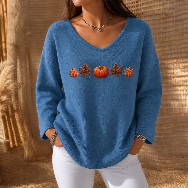 Pumpkin Lane – Pumpkin Print V-Neck Long-Sleeved Shirt