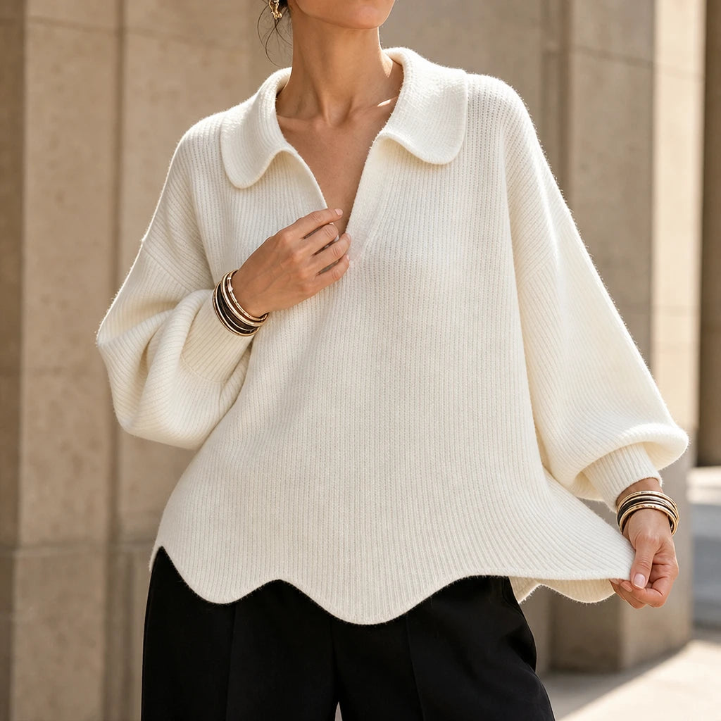 Velluna – Scalloped Hem V-Neck Sweater