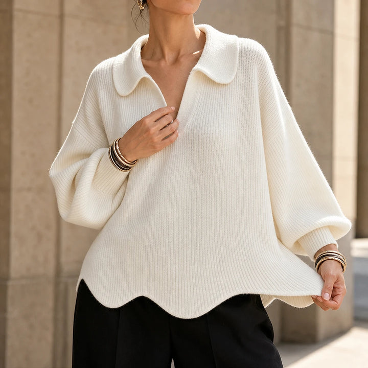 Velluna – Scalloped Hem V-Neck Sweater
