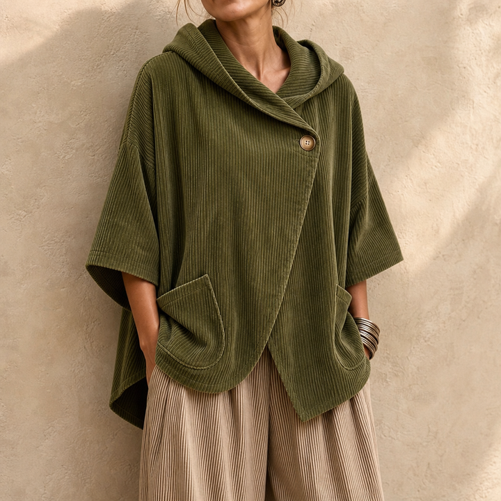 Draperly – Asymmetric Hem Hooded Corduroy Poncho
